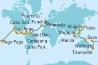 Visitando Marsella (Francia), Barcelona, Funchal (Madeira), Bridgetown (Barbados), Saint George (Grenada), Curacao (Antillas), Cartagena de Indias (Colombia), Puerto Limón (Costa Rica), Canal Panamá, Canal Panamá, Puntarenas (Costa Rica), Puerto Quetzal (Guatemala), Puerto Vallarta (México), Cabo San Lucas (México), San Diego (California/EEUU), Los Ángeles (California), Los Ángeles (California), Hilo (Hawai), Pago Pago (Samoa), Apia (Samoa), Suva (Fiyi), Auckland (Nueva Zelanda), Auckland (Nueva Zelanda), Wellington (Nueva Zelanda), Sydney (Australia), Sydney (Australia), Townsville, Cairns (Australia), Manila (Filipinas), Manila (Filipinas), Keelung (Taiwán), Ishigaki (Japón), Naha (Japón), Tokio (Japón), Tokio (Japón), Nagasaki (Japón), Busán (Corea del Sur), Shanghái (China), Hong Kong (China), Da Nang (Vietnam), Singapur