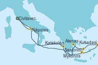 Visitando Civitavecchia (Roma), Santorini (Grecia), Kusadasi (Efeso/Turquía), Mykonos (Grecia), Atenas (Grecia), Katakolon (Olimpia/Grecia), Nápoles (Italia), Civitavecchia (Roma)