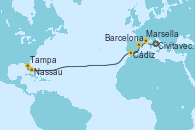 Visitando Civitavecchia (Roma), Marsella (Francia), Barcelona, Cádiz (España), Nassau (Bahamas), Tampa (Florida)