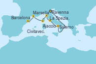 Visitando Ravenna (Italia), Salerno (Italia), Civitavecchia (Roma), La Spezia, Florencia y Pisa (Italia), Ajaccio (Córcega), Marsella (Francia), Barcelona