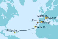 Visitando Savona (Italia), Marsella (Francia), Málaga, Funchal (Madeira), Santa Cruz de Tenerife (España), Philipsburg (St. Maarten)