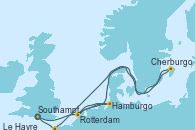 Visitando Southampton (Inglaterra), Hamburgo (Alemania), Rotterdam (Holanda), Cherburgo (Francia), Le Havre (Francia), Southampton (Inglaterra)