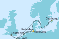 Visitando Southampton (Inglaterra), Le Havre (Francia), Hamburgo (Alemania), Rotterdam (Holanda), Cherburgo (Francia), Le Havre (Francia), Southampton (Inglaterra)