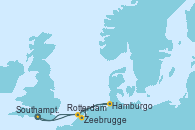 Visitando Southampton (Inglaterra), Hamburgo (Alemania), Zeebrugge (Bruselas), Rotterdam (Holanda), Southampton (Inglaterra)