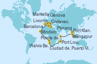 Visitando Singapur, Port Klang (Malasia), Penang (Malasia), Puerto Victoria (Seychelles), Port Louis (Mauricio), Port Louis (Mauricio), Pointe des Galets (Francia), Ciudad del Cabo (Sudáfrica), Ciudad del Cabo (Sudáfrica), Walvis Bay (Namibia), Mindelo (Cabo Verde), Civitavecchia (Roma), Livorno, Pisa y Florencia (Italia), Génova (Italia), Marsella (Francia), Barcelona