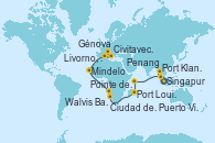Visitando Singapur, Port Klang (Malasia), Penang (Malasia), Puerto Victoria (Seychelles), Port Louis (Mauricio), Port Louis (Mauricio), Pointe des Galets (Francia), Ciudad del Cabo (Sudáfrica), Ciudad del Cabo (Sudáfrica), Walvis Bay (Namibia), Mindelo (Cabo Verde), Civitavecchia (Roma), Livorno, Pisa y Florencia (Italia), Génova (Italia)