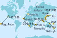 Visitando Los Ángeles (California), Hilo (Hawai), Pago Pago (Samoa), Apia (Samoa), Suva (Fiyi), Auckland (Nueva Zelanda), Auckland (Nueva Zelanda), Wellington (Nueva Zelanda), Sydney (Australia), Sydney (Australia), Townsville, Cairns (Australia), Manila (Filipinas), Manila (Filipinas), Keelung (Taiwán), Ishigaki (Japón), Naha (Japón), Tokio (Japón), Tokio (Japón), Nagasaki (Japón), Busán (Corea del Sur), Shanghái (China), Hong Kong (China), Da Nang (Vietnam), Singapur, Port Klang (Malasia), Penang (Malasia), Puerto Victoria (Seychelles), Port Louis  (Mauricio), Port Louis  (Mauricio), Pointe des Galets (Francia), Ciudad del Cabo (Sudáfrica), Ciudad del Cabo (Sudáfrica), Walvis Bay (Namibia), Mindelo (Cabo Verde), Civitavecchia (Roma), Livorno, Pisa y Florencia (Italia), Génova (Italia), Marsella (Francia)