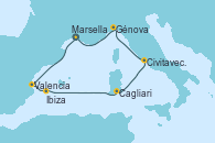 Visitando Marsella (Francia), Valencia, Ibiza (España), Cagliari (Cerdeña), Civitavecchia (Roma), Génova (Italia), Marsella (Francia)