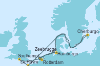 Visitando Rotterdam (Holanda), Cherburgo (Francia), Le Havre (Francia), Southampton (Inglaterra), Hamburgo (Alemania), Zeebrugge (Bruselas), Rotterdam (Holanda)