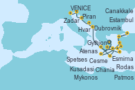 Visitando Atenas (Grecia), Gythion (Grecia), Chania (Creta/Grecia), Mykonos (Grecia), Cesme (Turquía), Kusadasi (Efeso/Turquía), Estambul (Turquía), Canakkale (Turquía), Esmirna (Turquía), Patmos (Grecia), Rodas (Grecia), Spetses (Grecia), Atenas (Grecia), Gythion (Grecia), Dubrovnik (Croacia), Hvar (Croacia), Zadar (Croacia), Piran (Eslovenia), VENICE (FUSINA) -  ITALY