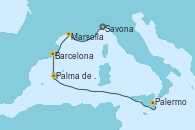 Visitando Savona (Italia), Marsella (Francia), Barcelona, Palma de Mallorca (España), Palermo (Italia) Visitando Savona (Italia), Marsella (Francia), Barcelona, Palma de Mallorca (España), Palermo (Italia)