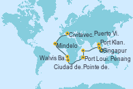 Visitando Singapur, Port Klang (Malasia), Penang (Malasia), Puerto Victoria (Seychelles), Port Louis (Mauricio), Port Louis (Mauricio), Pointe des Galets (Francia), Ciudad del Cabo (Sudáfrica), Ciudad del Cabo (Sudáfrica), Walvis Bay (Namibia), Mindelo (Cabo Verde), Civitavecchia (Roma)
