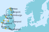 Visitando Southampton (Inglaterra), Edimburgo (Escocia), Invergordon (Escocia), Portree (Reino Unido), Belfast (Irlanda), Liverpool (Reino Unido), Dublin (Irlanda), Waterford (Irlanda), Portland, Dorset (Reino Unido), Southampton (Inglaterra)