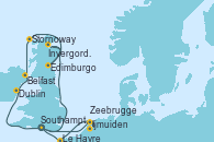 Visitando Southampton (Inglaterra), Invergordon (Escocia), Edimburgo (Escocia), Stornoway (Isla de Lewis/Escocia), Belfast (Irlanda), Dublin (Irlanda), Ijmuiden (Ámsterdam), Zeebrugge (Bruselas), Le Havre (Francia), Southampton (Inglaterra)