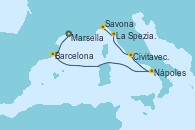 Visitando Marsella (Francia), Barcelona, Nápoles (Italia), Civitavecchia (Roma), La Spezia, Florencia y Pisa (Italia), Savona (Italia) Visitando Marsella (Francia), Barcelona, Nápoles (Italia), Civitavecchia (Roma), La Spezia, Florencia y Pisa (Italia), Savona (Italia)