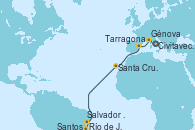 Visitando Civitavecchia (Roma), Génova (Italia), Tarragona (España), Santa Cruz de Tenerife (España), Salvador de Bahía (Brasil), Río de Janeiro (Brasil), Santos (Brasil)