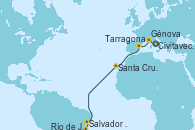 Visitando Civitavecchia (Roma), Génova (Italia), Tarragona (España), Santa Cruz de Tenerife (España), Salvador de Bahía (Brasil), Río de Janeiro (Brasil)