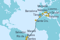 Visitando Santos (Brasil), Río de Janeiro (Brasil), Buzios (Brasil), Salvador de Bahía (Brasil), Maceió (Brasil), Santa Cruz de Tenerife (España), Tánger (Marruecos), Barcelona, La Goulette (Tunez), Palermo (Italia), Nápoles (Italia), Livorno, Pisa y Florencia (Italia), Marsella (Francia)