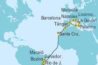 Visitando Río de Janeiro (Brasil), Buzios (Brasil), Salvador de Bahía (Brasil), Maceió (Brasil), Santa Cruz de Tenerife (España), Tánger (Marruecos), Barcelona, La Goulette (Tunez), Palermo (Italia), Nápoles (Italia), Livorno, Pisa y Florencia (Italia), Marsella (Francia)