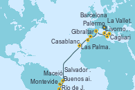 Visitando Livorno, Pisa y Florencia (Italia), Cagliari (Cerdeña), Palermo (Italia), La Valletta (Malta), Barcelona, Gibraltar (Inglaterra), Casablanca (Marruecos), Las Palmas de Gran Canaria (España), Maceió (Brasil), Salvador de Bahía (Brasil), Río de Janeiro (Brasil), Montevideo (Uruguay), Buenos aires