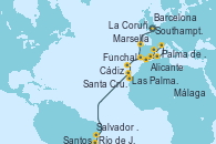 Visitando Southampton (Inglaterra), La Coruña (Galicia/España), Cádiz (España), Málaga, Alicante (España), Palma de Mallorca (España), Marsella (Francia), Barcelona, Funchal (Madeira), Las Palmas de Gran Canaria (España), Santa Cruz de Tenerife (España), Salvador de Bahía (Brasil), Río de Janeiro (Brasil), Santos (Brasil)