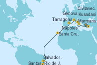 Visitando Kusadasi (Efeso/Turquía), Marmaris (Turquía), Nápoles (Italia), Civitavecchia (Roma), Génova (Italia), Tarragona (España), Santa Cruz de Tenerife (España), Salvador de Bahía (Brasil), Río de Janeiro (Brasil), Santos (Brasil)