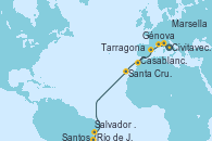 Visitando Civitavecchia (Roma), Génova (Italia), Marsella (Francia), Tarragona (España), Casablanca (Marruecos), Santa Cruz de Tenerife (España), Salvador de Bahía (Brasil), Río de Janeiro (Brasil), Santos (Brasil)