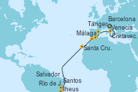 Visitando Venecia (Italia), Civitavecchia (Roma), Barcelona, Málaga, Tánger (Marruecos), Santa Cruz de Tenerife (España), Salvador de Bahía (Brasil), Ilheus (Brasil), Río de Janeiro (Brasil), Santos (Brasil)