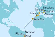 Visitando Venecia (Italia), Civitavecchia (Roma), Barcelona, Málaga, Tánger (Marruecos), Santa Cruz de Tenerife (España), Salvador de Bahía (Brasil), Ilheus (Brasil), Río de Janeiro (Brasil)
