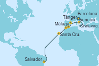 Visitando Venecia (Italia), Civitavecchia (Roma), Barcelona, Málaga, Tánger (Marruecos), Santa Cruz de Tenerife (España), Salvador de Bahía (Brasil)