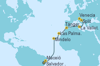 Visitando Salvador de Bahía (Brasil), Maceió (Brasil), Mindelo (Cabo Verde), Las Palmas de Gran Canaria (España), Tánger (Marruecos), La Valletta (Malta), Split (Croacia), Venecia (Italia)