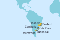 Visitando Montevideo (Uruguay), Buenos aires, Río de Janeiro (Brasil), Ilhabela (Brasil), Isla Grande (Brasil), Camboriu, Brazil, Montevideo (Uruguay)