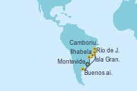 Visitando Montevideo (Uruguay), Buenos aires, Río de Janeiro (Brasil), Isla Grande (Brasil), Ilhabela (Brasil), Camboriu, Brazil, Montevideo (Uruguay)