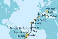 Visitando Itajaí (Brasil), Ilhabela (Brasil), Río de Janeiro (Brasil), Buzios (Brasil), Isla Grande (Brasil), Santos (Brasil), Río de Janeiro (Brasil), Buzios (Brasil), Salvador de Bahía (Brasil), Maceió (Brasil), Mindelo (Cabo Verde), Las Palmas de Gran Canaria (España), Tánger (Marruecos), La Valletta (Malta), Split (Croacia), Venecia (Italia)