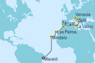 Visitando Maceió (Brasil), Mindelo (Cabo Verde), Las Palmas de Gran Canaria (España), Tánger (Marruecos), La Valletta (Malta), Split (Croacia), Venecia (Italia)