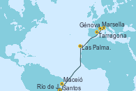 Visitando Santos (Brasil), Río de Janeiro (Brasil), Maceió (Brasil), Las Palmas de Gran Canaria (España), Tarragona (España), Marsella (Francia), Génova (Italia)