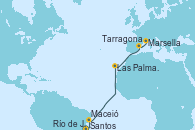 Visitando Santos (Brasil), Río de Janeiro (Brasil), Maceió (Brasil), Las Palmas de Gran Canaria (España), Tarragona (España), Marsella (Francia)