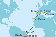 Visitando Buenos aires, Río de Janeiro (Brasil), Maceió (Brasil), Las Palmas de Gran Canaria (España), Tarragona (España), Ajaccio (Córcega), Civitavecchia (Roma)