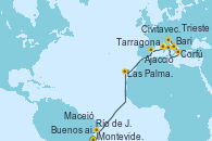Visitando Montevideo (Uruguay), Buenos aires, Río de Janeiro (Brasil), Maceió (Brasil), Las Palmas de Gran Canaria (España), Tarragona (España), Ajaccio (Córcega), Civitavecchia (Roma), Corfú (Grecia), Bari (Italia), Trieste (Italia)