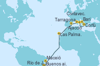 Visitando Buenos aires, Río de Janeiro (Brasil), Maceió (Brasil), Las Palmas de Gran Canaria (España), Tarragona (España), Ajaccio (Córcega), Civitavecchia (Roma), Corfú (Grecia), Bari (Italia)