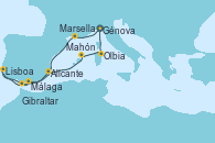 Visitando Génova (Italia), Marsella (Francia), Málaga, Gibraltar (Inglaterra), Lisboa (Portugal), Alicante (España), Mahón (Menorca/España), Olbia (Cerdeña), Génova (Italia)