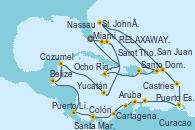 Visitando Miami (Florida/EEUU), Nassau (Bahamas), RELAXAWAY HALF MOON CAY, Ocho Ríos (Jamaica), Santo Domingo (República Dominicana), San Juan (Puerto Rico), Saint Thomas (Islas Vírgenes), St. John´s (Antigua y Barbuda), Castries (Santa Lucía/Caribe), Puerto España (Trinidad y Tobago), Curacao (Antillas), Aruba (Antillas), Santa Marta (Colombia), Cartagena de Indias (Colombia), Colón (Panamá), Puerto Limón (Costa Rica), Belize (Caribe), Cozumel (México), Yucatán (Progreso/México), Miami (Florida/EEUU)