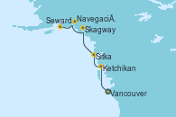 Visitando Vancouver (Canadá), Vancouver (Canadá), Ketchikan (Alaska), Sitka (Alaska), Skagway (Alaska), Navegación por Glaciar Hubbard (Alaska), Seward (Alaska) Visitando Vancouver (Canadá), Vancouver (Canadá), Ketchikan (Alaska), Sitka (Alaska), Skagway (Alaska), Navegación por Glaciar Hubbard (Alaska), Seward (Alaska)