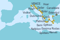 Visitando Estambul (Turquía), Canakkale (Turquía), Esmirna (Turquía), Patmos (Grecia), Rodas (Grecia), Spetses (Grecia), Atenas (Grecia), Gythion (Grecia), Dubrovnik (Croacia), Hvar (Croacia), Zadar (Croacia), Piran (Eslovenia), VENICE (FUSINA) -  ITALY, Vodice (Croacia), Kotor (Montenegro), Corfú (Grecia), Sami (Cefalonia/Grecia), Nafplion (Grecia), Atenas (Grecia)