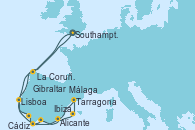 Visitando Southampton (Inglaterra), La Coruña (Galicia/España), Cádiz (España), Málaga, Alicante (España), Ibiza (España), Tarragona (España), Gibraltar (Inglaterra), Lisboa (Portugal), Southampton (Inglaterra) Visitando Southampton (Inglaterra), La Coruña (Galicia/España), Cádiz (España), Málaga, Alicante (España), Ibiza (España), Tarragona (España), Gibraltar (Inglaterra), Lisboa (Portugal), Southampton (Inglaterra)