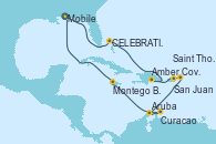Visitando Mobile (Alabama), Celebration Key, The Bahamas, Amber Cove (República Dominicana), San Juan (Puerto Rico), Saint Thomas (Islas Vírgenes), Aruba (Antillas), Curacao (Antillas), Montego Bay (Jamaica), Mobile (Alabama)