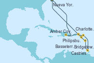 Visitando Nueva York (Estados Unidos), Amber Cove (República Dominicana), Charlotte Amalie (St. Thomas), Philipsburg (St. Maarten), Bridgetown (Barbados), Castries (Santa Lucía/Caribe), Basseterre (Antillas), Nueva York (Estados Unidos) Visitando Nueva York (Estados Unidos), Amber Cove (República Dominicana), Charlotte Amalie (St. Thomas), Philipsburg (St. Maarten), Bridgetown (Barbados), Castries (Santa Lucía/Caribe), Basseterre (Antillas), Nueva York (Estados Unidos)