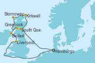 Visitando Hamburgo (Alemania), South Queensferry (Escocia), Kirkwall (Escocia), Stornoway (Isla de Lewis/Escocia), Greenock (Escocia), Belfast (Irlanda), Liverpool (Reino Unido), Hamburgo (Alemania)