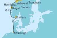 Visitando Hamburgo (Alemania), Aalesund (Noruega), Honningsvag (Noruega), Honningsvag (Noruega), Tromso (Noruega), Molde (Noruega), Trondheim (Noruega), Bergen (Noruega), Kristiansand (Noruega), Hamburgo (Alemania)