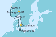 Visitando Warnemunde (Alemania), Stavanger (Noruega), Bergen (Noruega), Kristiansand (Noruega), Oslo (Noruega), Copenhague (Dinamarca), Warnemunde (Alemania)